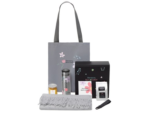 Подарочный набор Re:f. Walk с палантином, шоппером и термосом, серый с нанесением логотипа с нанесением логотипа