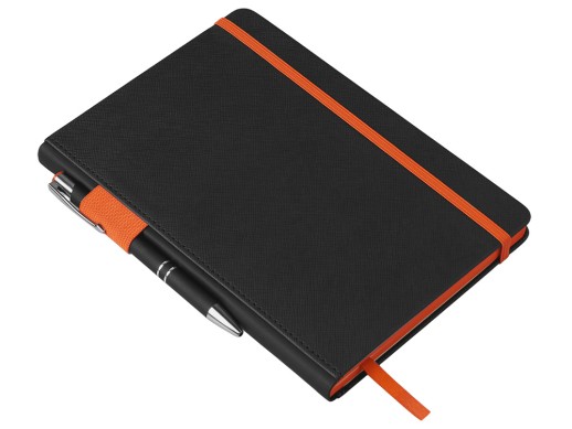 Бизнес блокнот Bossy Junior с цветным срезом, твердая обложка, 96 листов, черный и оранжевый с нанесением логотипа с нанесением логотипа