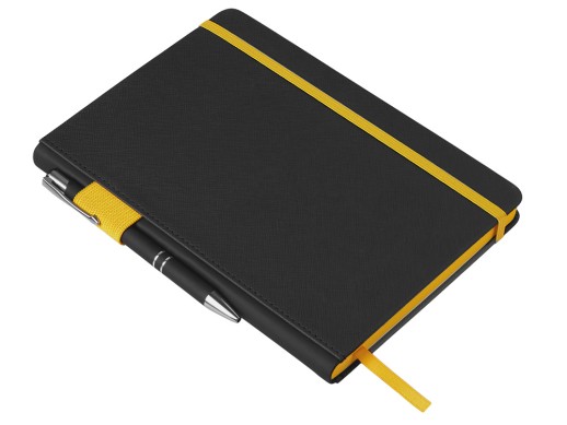 Бизнес блокнот Bossy Junior с цветным срезом, твердая обложка, 96 листов, черный и желтый с нанесением логотипа с нанесением логотипа