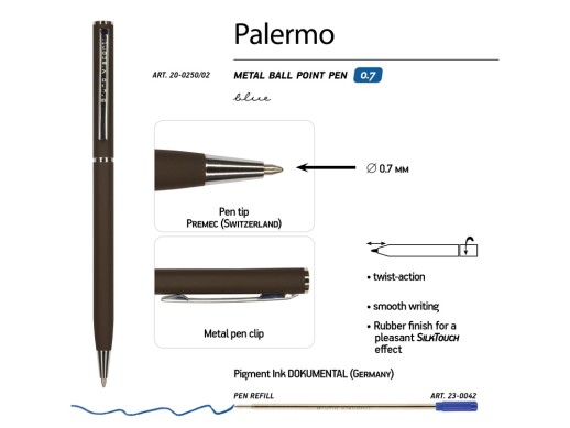 Ручка металлическая шариковая Palermo, софт-тач, 0.7 мм, коричневая