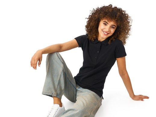 Рубашка поло First женская, черный с нанесением логотипа с нанесением логотипа