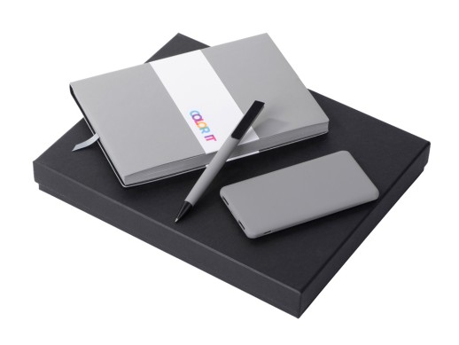 Подарочный набор c блокнотом С2, ручкой и повербанком 5000 mAh, серый с нанесением логотипа с нанесением логотипа
