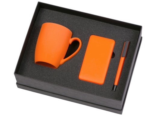 Подарочный набор c кружкой, пластиковой ручкой и повербанком С1, 5000 mAh, оранжевый с нанесением логотипа с нанесением логотипа