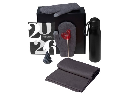 Подарочный набор с варежками, шарфом и термосом, серый