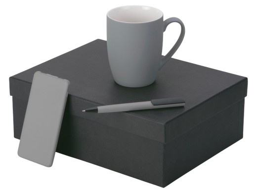 Подарочный набор c кружкой, пластиковой ручкой и повербанком С1, 5000 mAh, серый с нанесением логотипа с нанесением логотипа