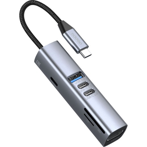 USB-хаб 7 в 1 USB-C - USB-A3.0 + 2хUSB-C + USB-C PD100Вт + HDMI + SD + microSD, серый, Deppa с логотипом с логотипом