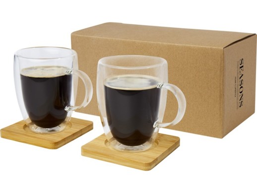 Стеклянный стакан Manti объемом 350 мл с двойными стенками и подставкой из бамбука, 2 шт. , natural